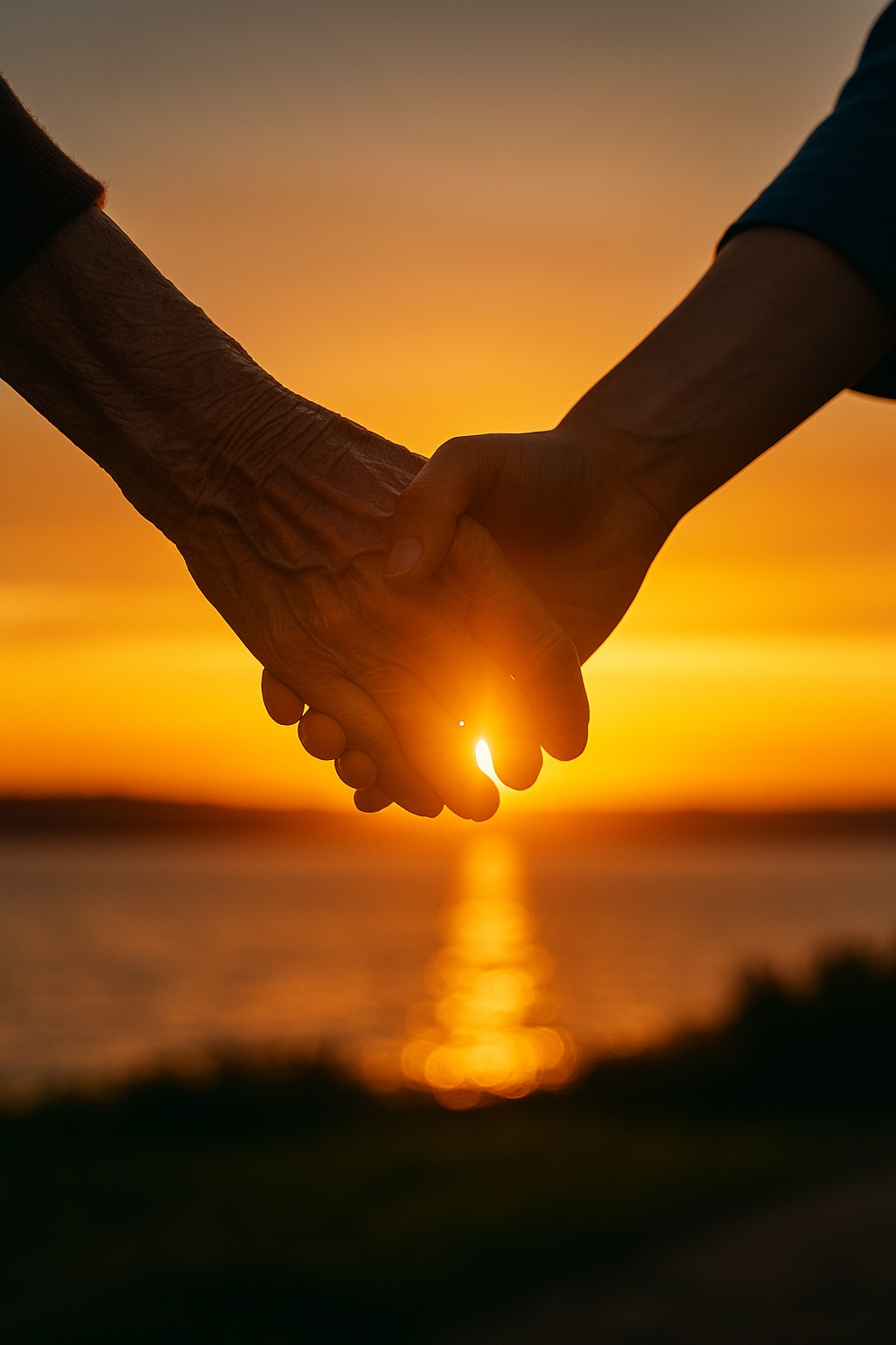 일몰 무렵 노인의 손이 젊은이의 손을 잡고 있는 모습. 세대를 초월한 기억, 유산, 연결을 상징합니다.<BR>