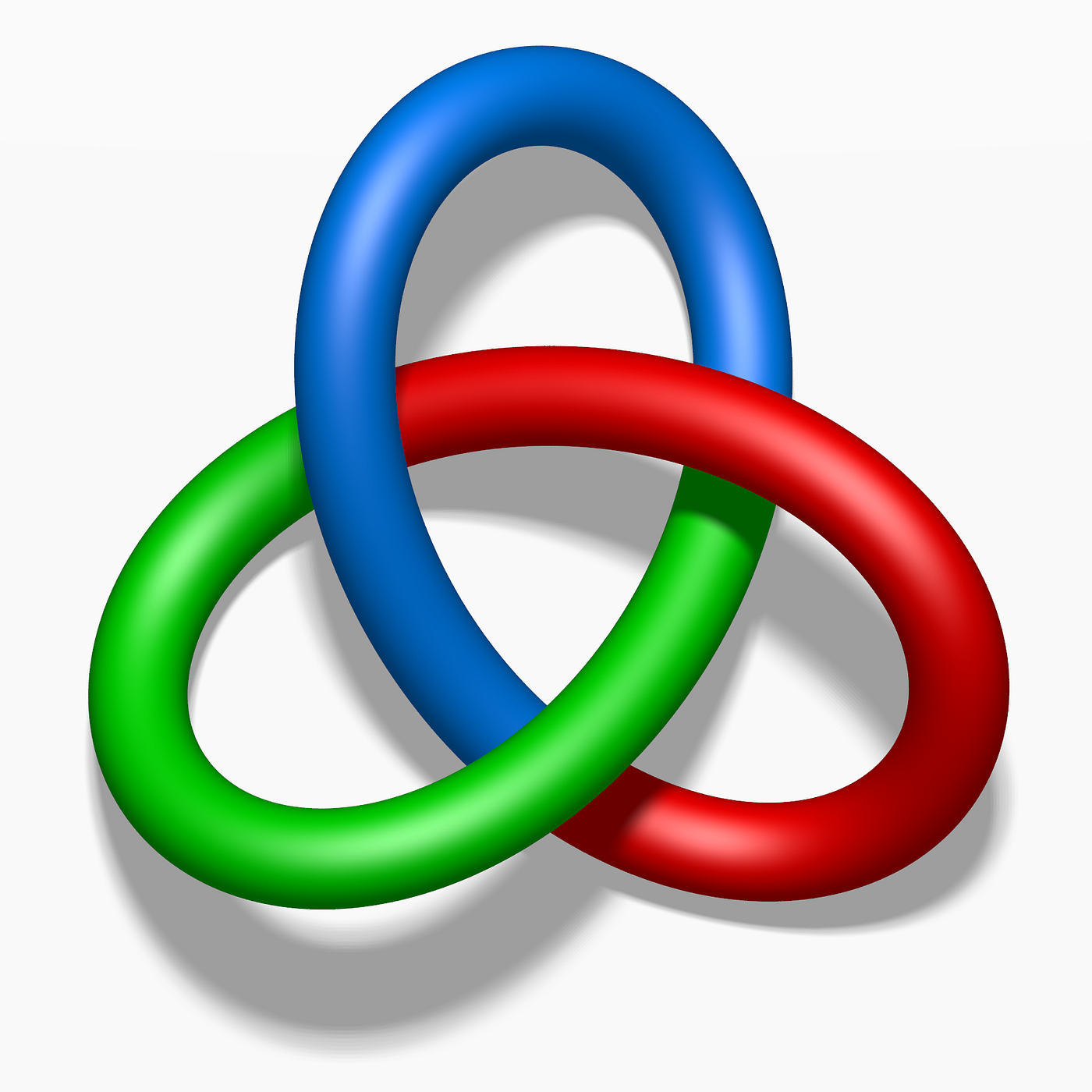 A tricolored trefoil knot. At each crossing, the three involved arcs have either all the same color or all different colors, so the diagram satisfies the tricolorability rule. Image by Jim.belk, via Wikimedia Commons, public domain.