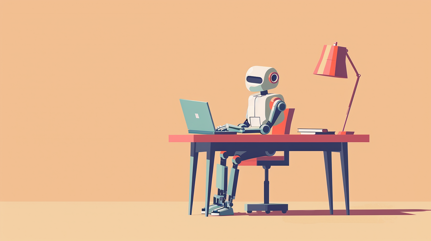 An illustration of a robot sitting at a desk with a laptop