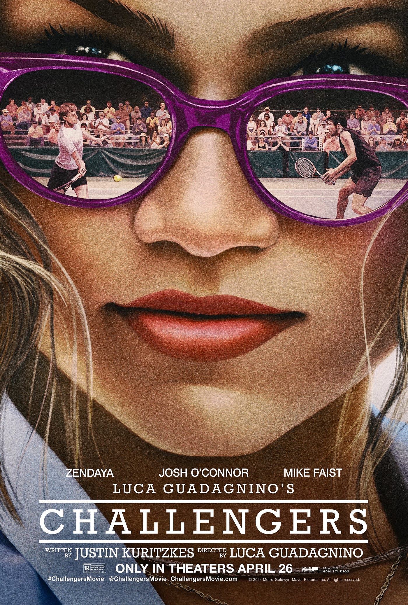 Pôster promocional de “Rivais” (título original: “Challengers”, 2024), longa com direção de Luca Guadagnino e roteiro de Justin Kuritzkes. Foto: reprodução.