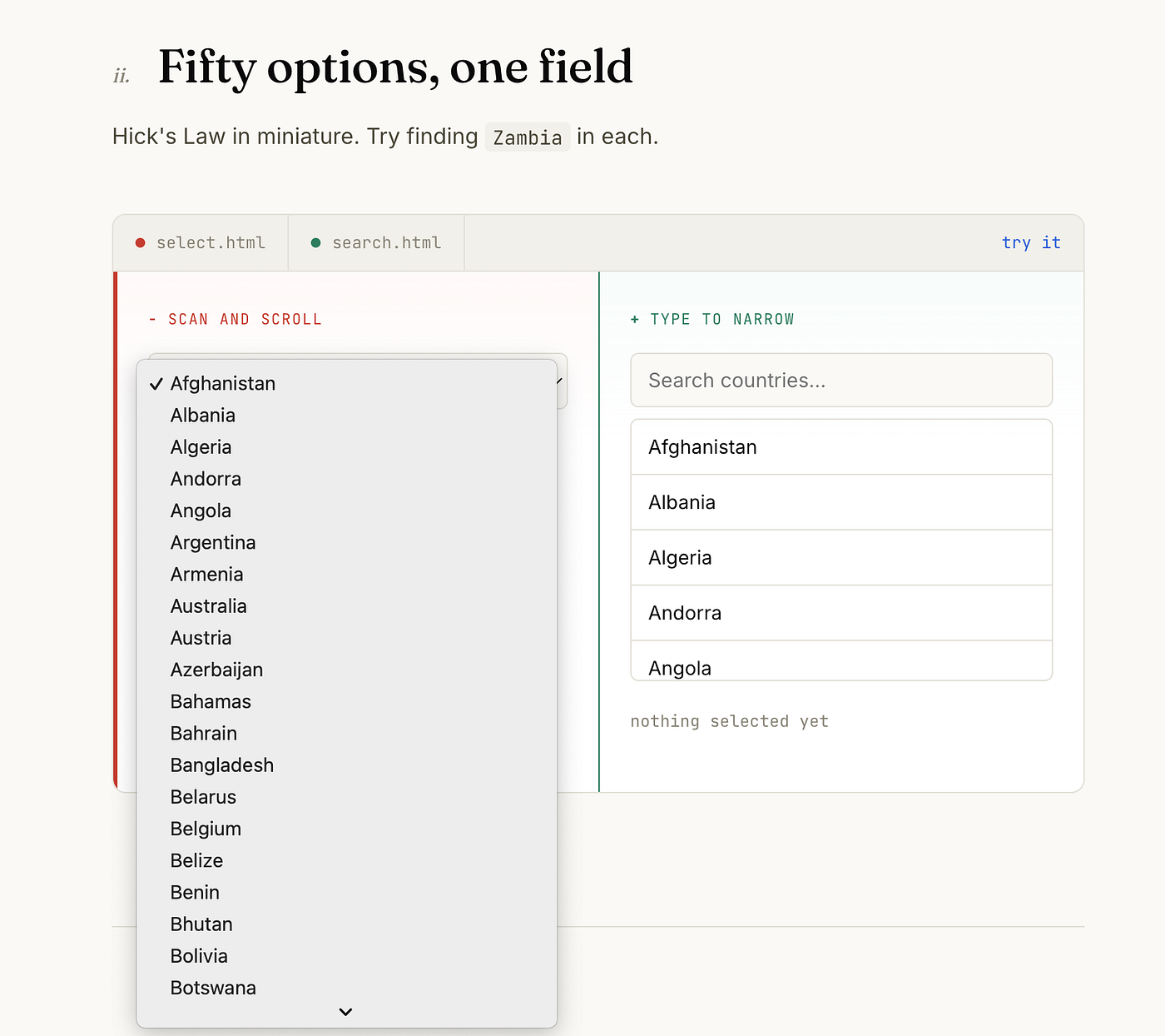 Country select: Fifty options, one field