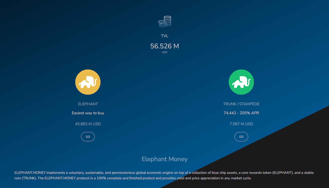 Elephant Money Ecosystem — Passive Income 0.56% daily with a stable coin +  Token with store of value | by The Passive Income Guy | Medium