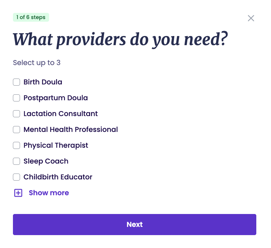 Expectant and new parents can request more than 20 provider categories ranging from Doulas, Midwives, to Sleep Coaches and Newborn Care Specialists