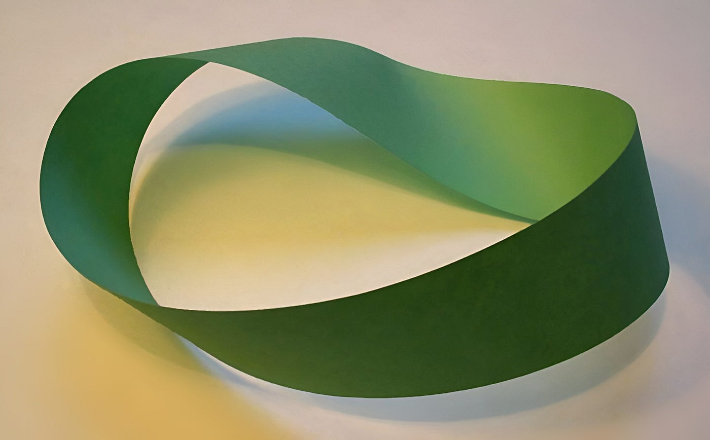A paper Möbius strip made from a single band with a half-twist. Locally it looks like an ordinary strip, but globally it has only one side. Image: David Benbennick, Wikimedia Commons, retouched version uploaded by LukeTriton, licensed under CC BY-SA 2.0.