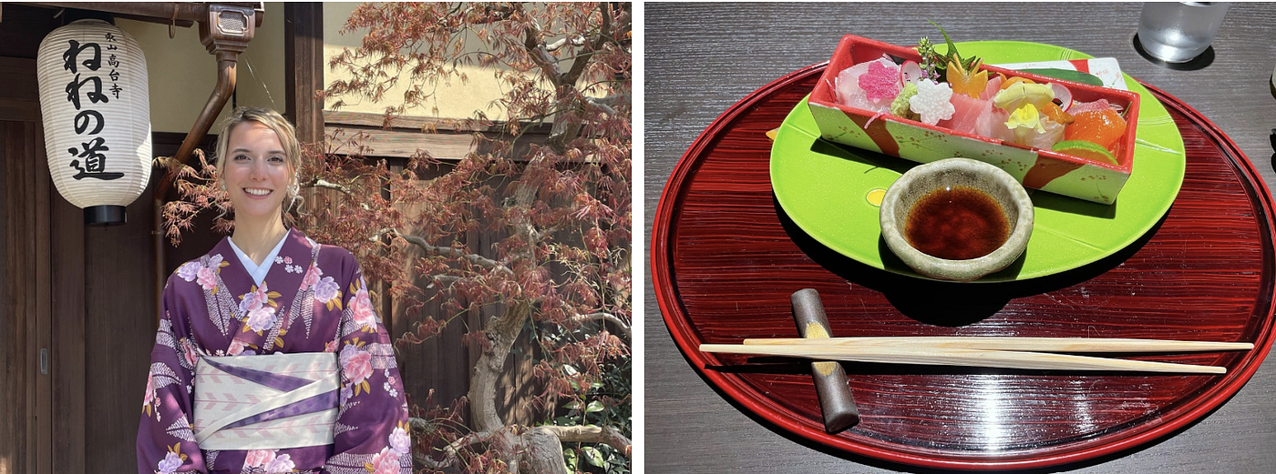 왼쪽 (교토에서 기모노를 입고 있는 모습). 오른쪽 (맛있는 사시미를 먹고 있는 모습). 찬토 스루, 신린요쿠, 그리고 기세츠칸을 받아들이는 것이 일상을 소중히 여기는 데 어떻게 도움이 되었는지