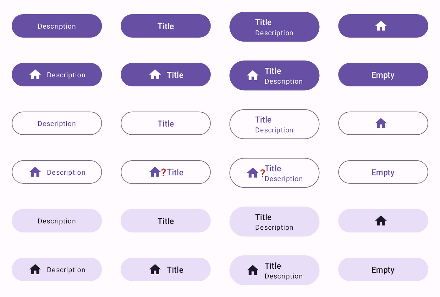 A button design component in many different parameter combinations