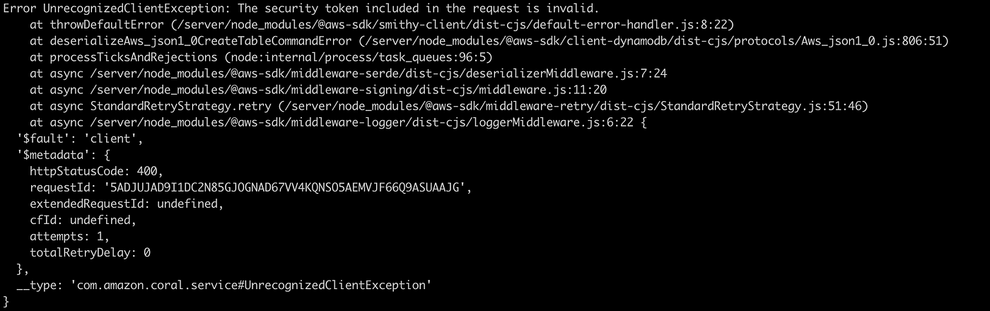 Error UnrecognizedClientException: The security token included in 