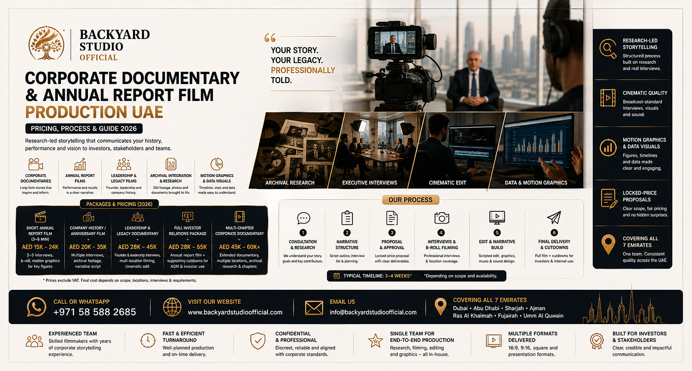 Corporate documentary and annual report films in the UAE cost AED 15,000–60,000.