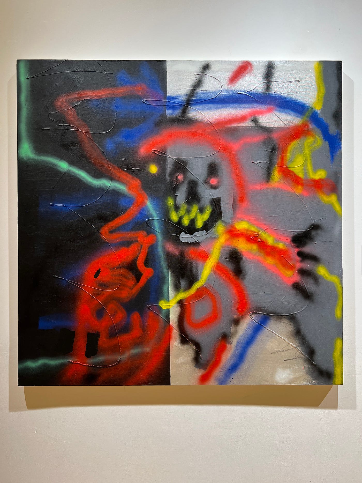 大畫廊代理藝術家範例二，品名Boiler Room；Robert Nava；噴漆、馬克筆、壓克力、畫布；2018年；122 X 122.2 cm；香港富藝斯2022年6月21日日拍預展作品；作者攝於該次拍賣的台北預展
