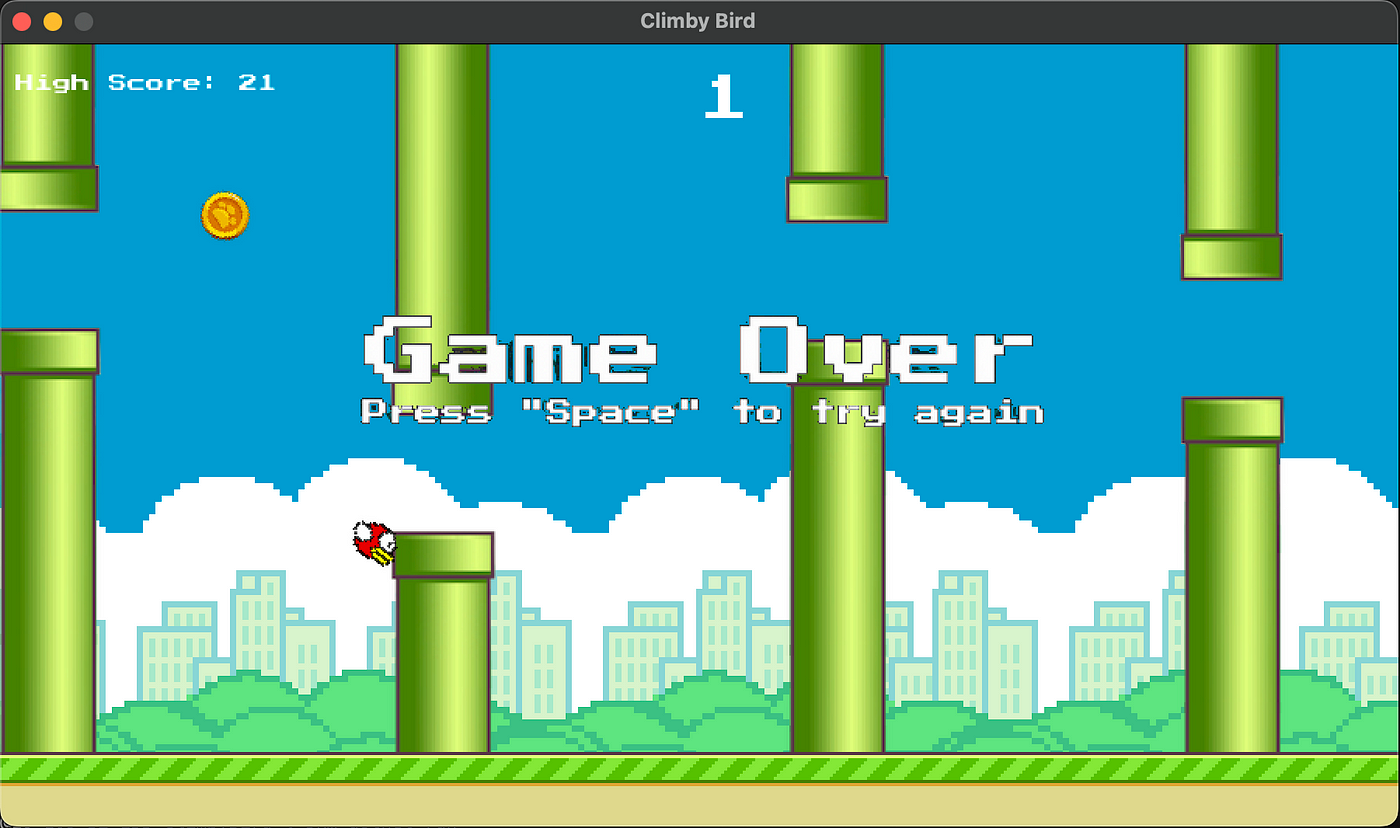 The Flappy Bird must avoid a series of pipe obstacles. Only on