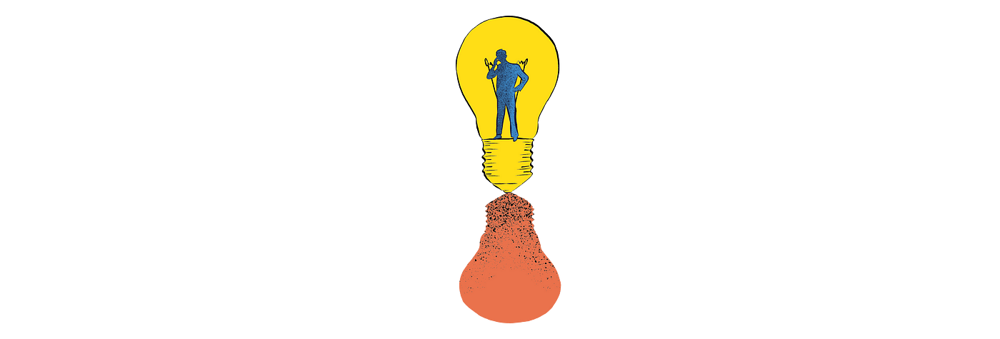 Yellow lightbulb with orange shadow. Blue human figure with hand touching head centered in lightbulb. Hand-drawn graphic.