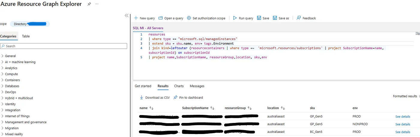 Azure Resource Graph Explorer Query for fetching all the SQL Managed Instances