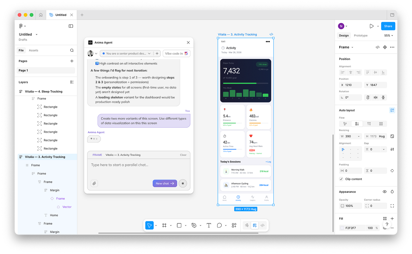 Select a Figma frame and prompt Anima to generate UI design.