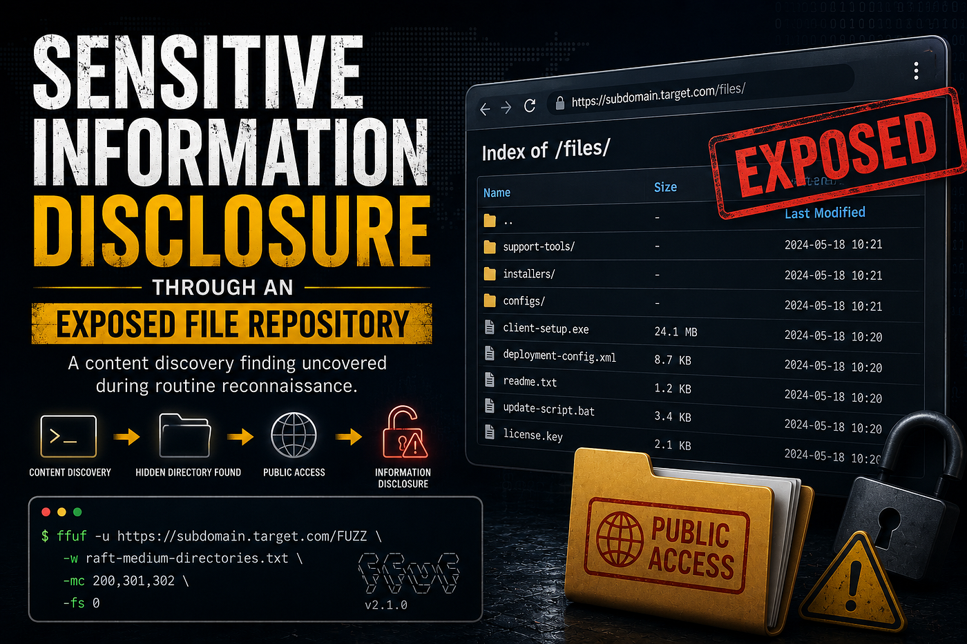 Sensitive Information Disclosure Through an Exposed File Repository.
