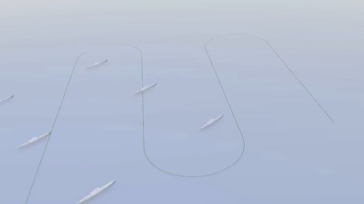 This is the trajectory that German torpedoes could follow, crossing the course of the ships in a convoy several times. The turns were achieved using an entirely mechanical system. Source: frame from the video German G7e Torpedo with FAT (Federapparat), 1943.