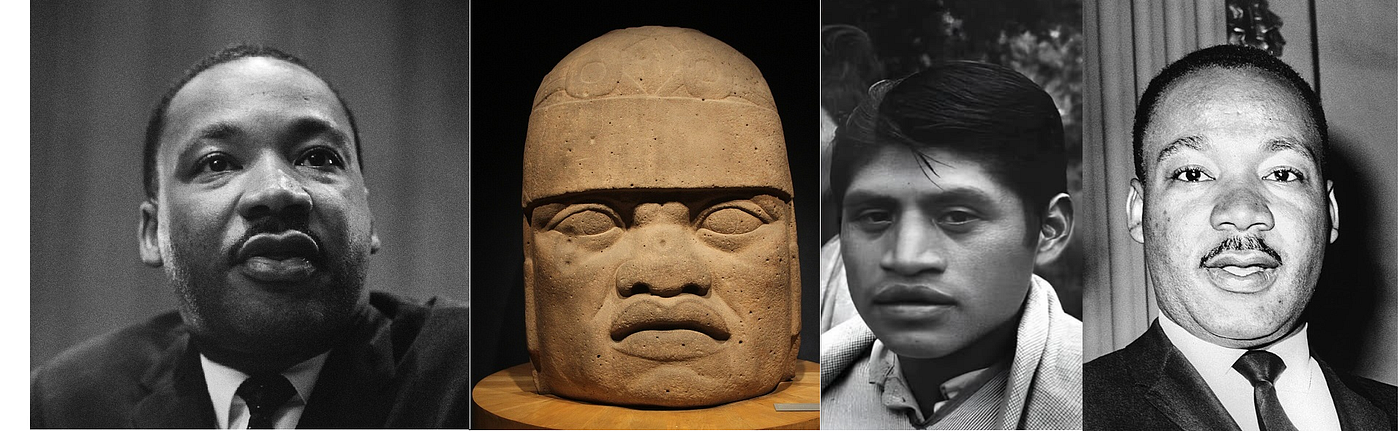 What does the reader see? LEFT: Black American civil rights activist Martin Luther King Jr, used with permission, Pixabay. LEFT MIDDLE: “Olmec Colossal Head,” used with permission, Wikimedia Commons, public domain. RIGHT MIDDLE: Unknown Siberian American, screenshot, no attribution available. RIGHT: Martin Luther King Jr, “Undated photo, pre-1968. Taken by Dick DeMarsico, photographer with the New York World-Telegram & Sun.,” “No copyright restriction known. Staff photographer reproduction rights transferred to Library of Congress through Instrument of Gift.”