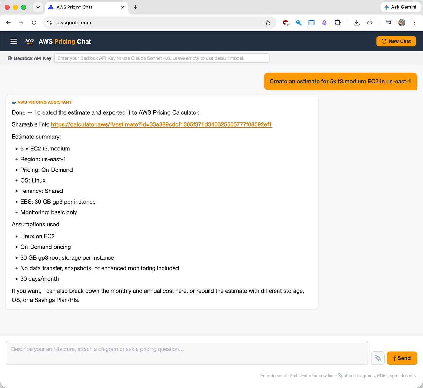 shareable aws officle pricing calculator link