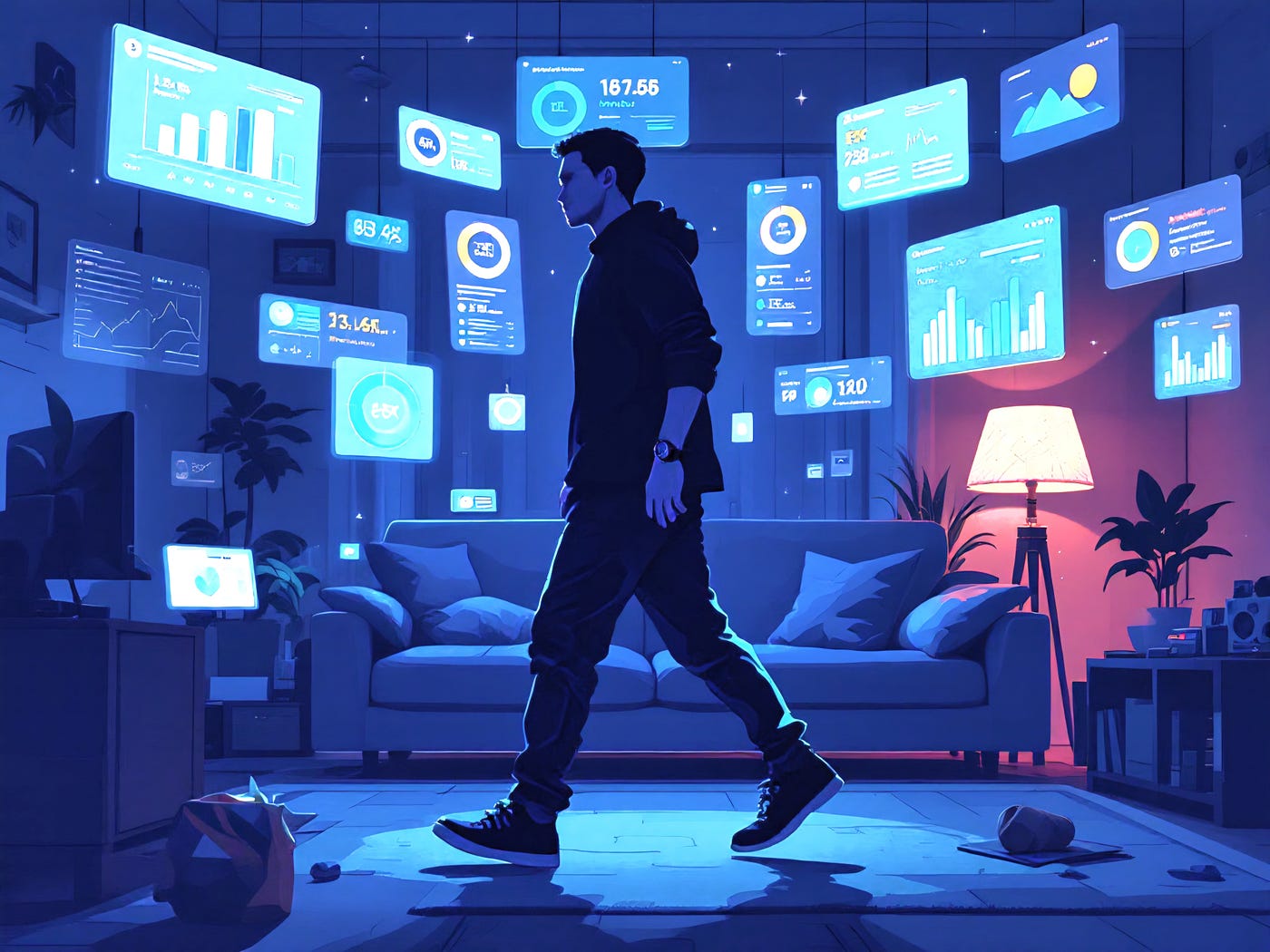 A person pacing, surrounded by glowing screens tracking every move, yet feeling empty.