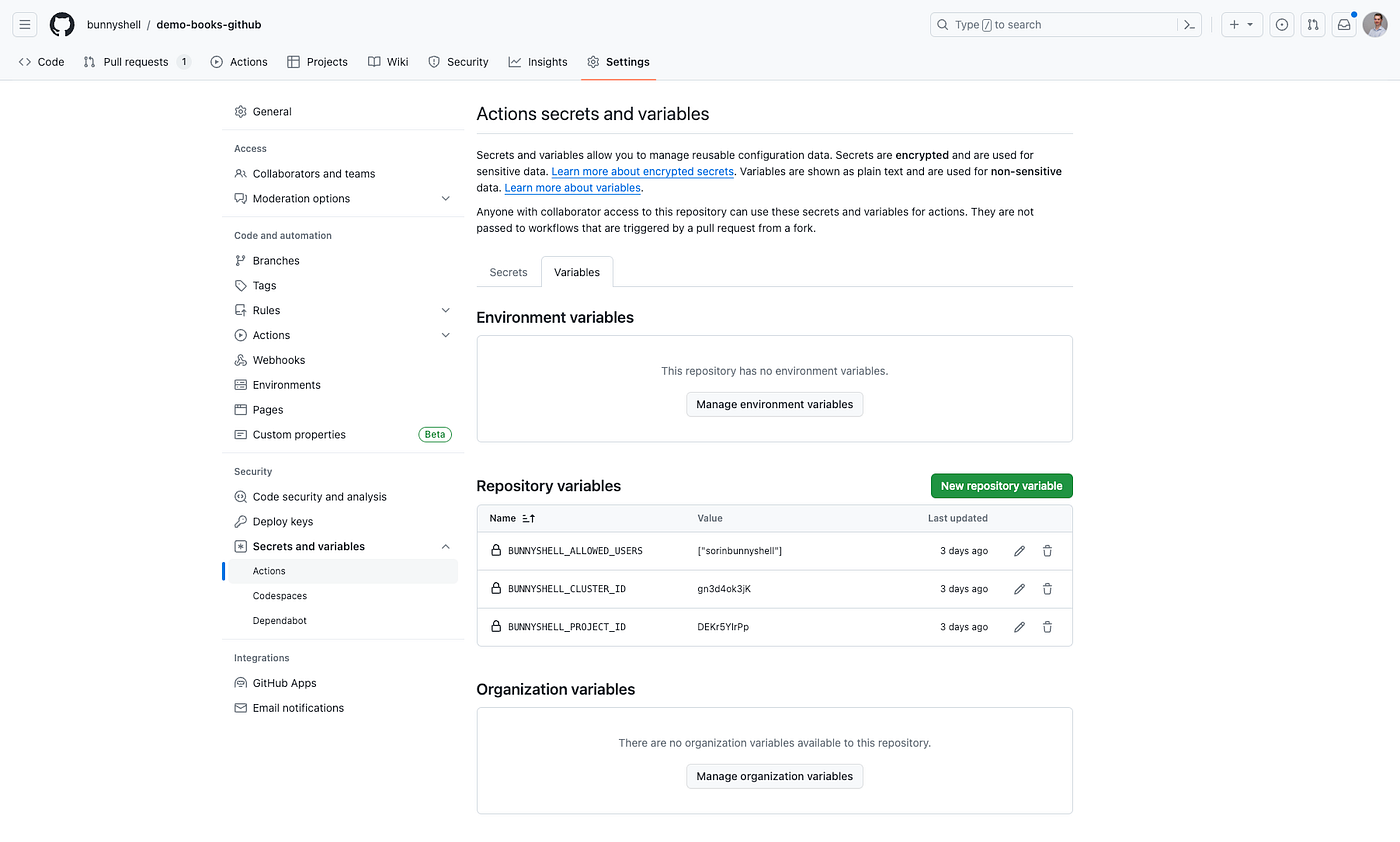 GitHub repository settings — defining the needed variables