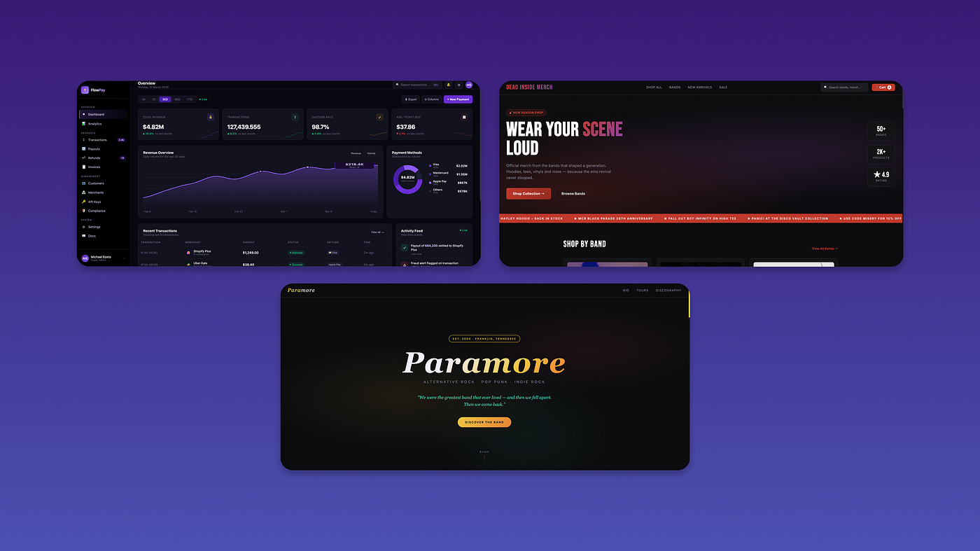 All first concepts came out with dark aesthetics despite being different concepts (one dashboard, one e-commerce store and one static site)