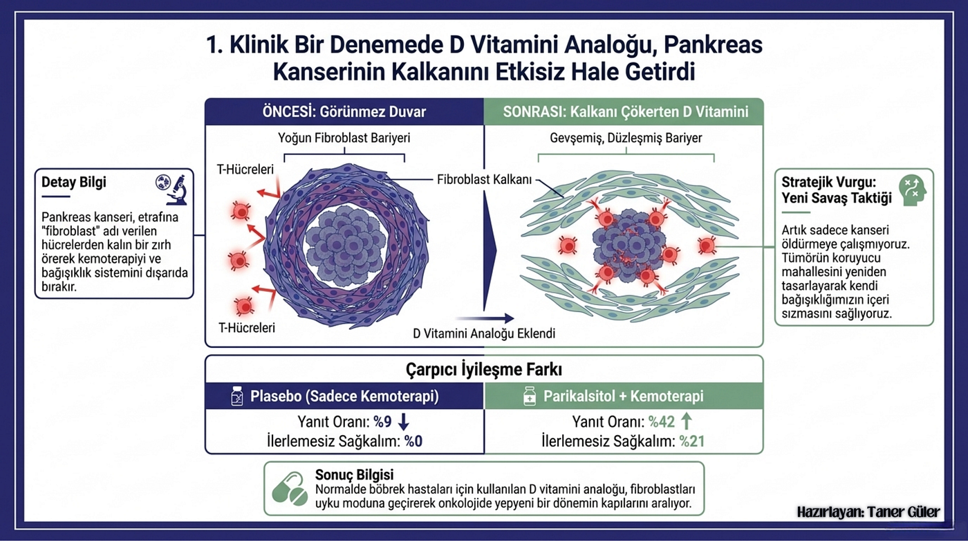 Rastgeleleştirilmiş bir klinik çalışmada, metastatik pankreas kanseri için standart kemoterapiye D vitamini analoğu parikalsitol eklenmesinin güvenli olduğu ve tümör mikroortamındaki fibroblast aktivasyonunu azaltırken T hücre infiltrasyonunu artırdığı tespit edilmiştir. Parikalsitol uygulanan hastalarda, özellikle tümörde yüksek D vitamini reseptörü ekspresyonu gözlemlenenlerde, kısmi yanıt ve bir yıllık hastalıksız sağkalım oranlarının daha yüksek olduğu kaydedilmiştir. KAYNAK