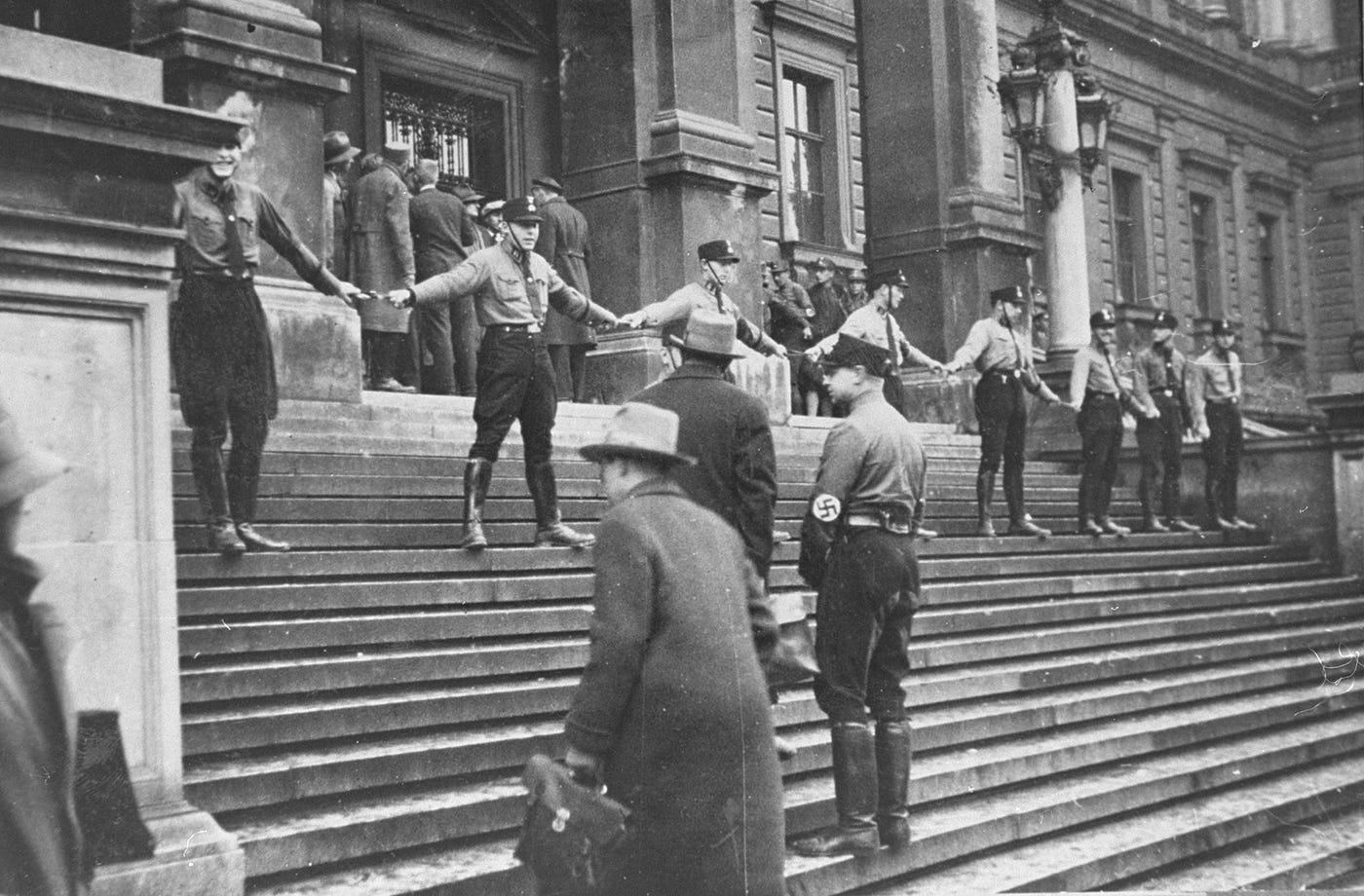 Nazis block Jews from entering the University of Vienna. Austria, 1938. —National Archives