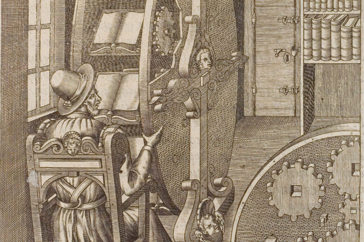 Agostino Ramelli’s book wheel, from Le diverse et artificiose machine (1588) one mechanism, multiple lenses, one rhythm.