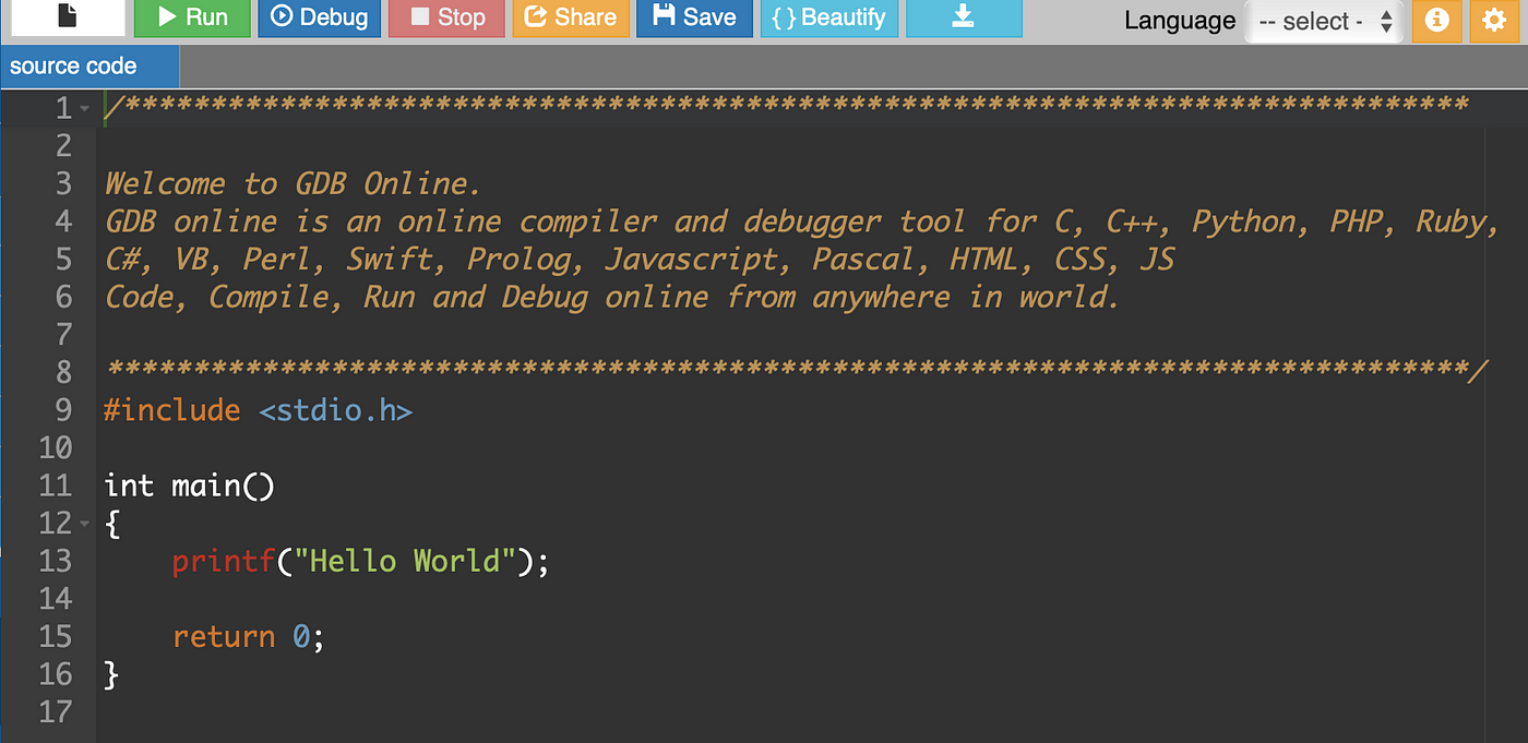 SELECTION GDB online Debugger Code, Compile, Run, Debug online C