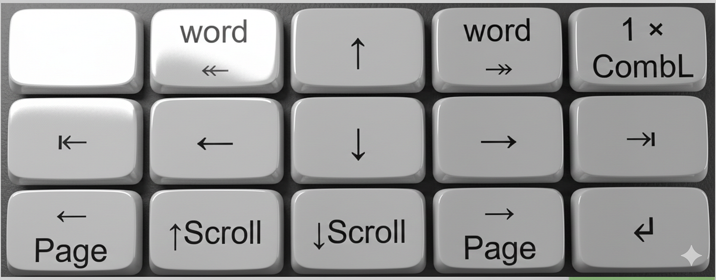 Nano Banana’s impression of my navigation layer on my slightly column-staggered almost orthogonal keyboard. Unlike the classic WASD arrow scheme, my middle finger (the longest!) is right in the middle.