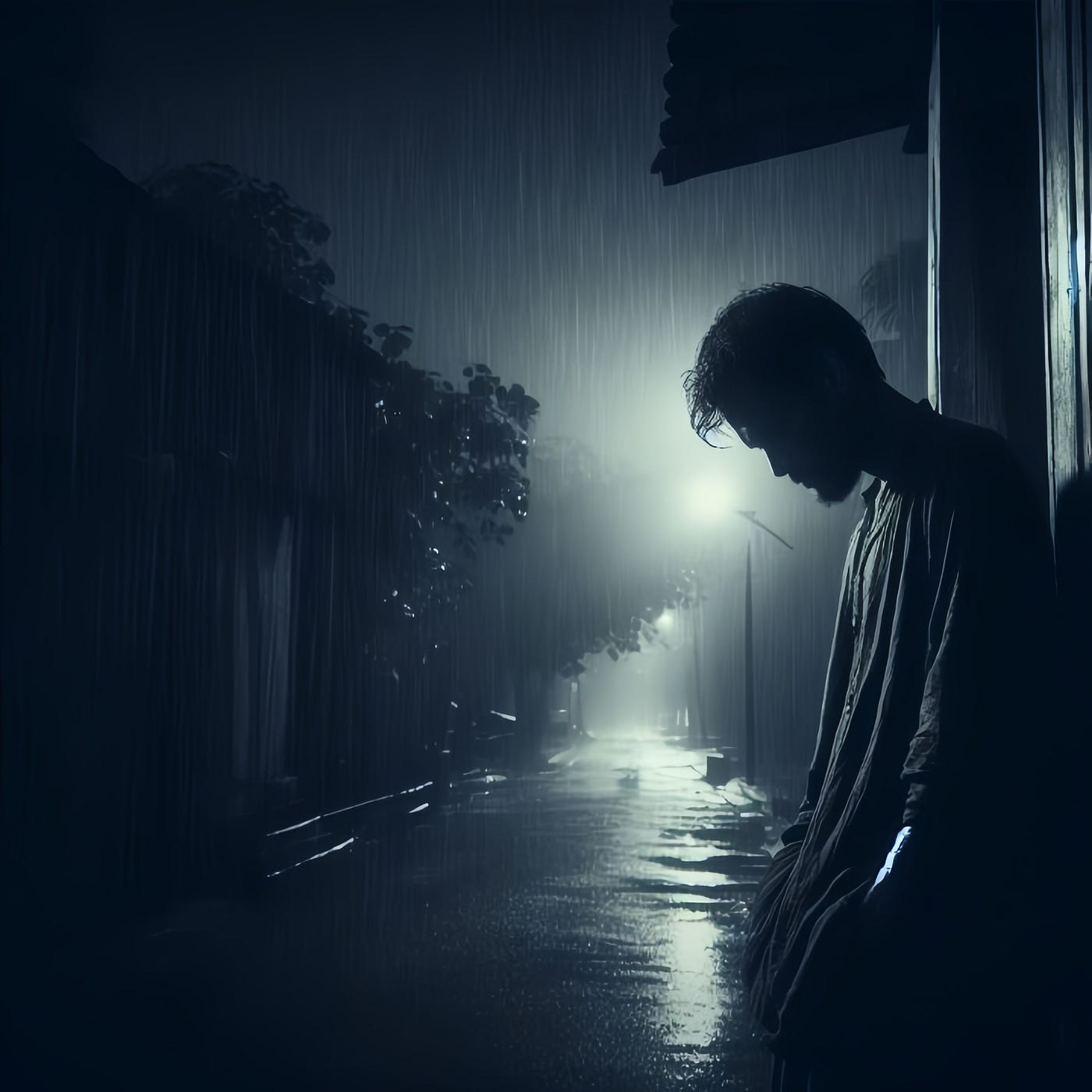 A man standing in the rain at night, a picture, by Matt Stewart, shutterstock, digital art, depressed sad expression, in an alley at night back lit, is totally sad and cries, stock