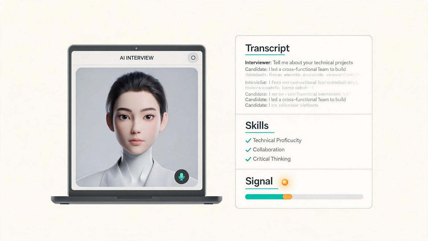 A laptop interview screen beside an AI transcript scorecard with labels for transcript, skills, and signal.