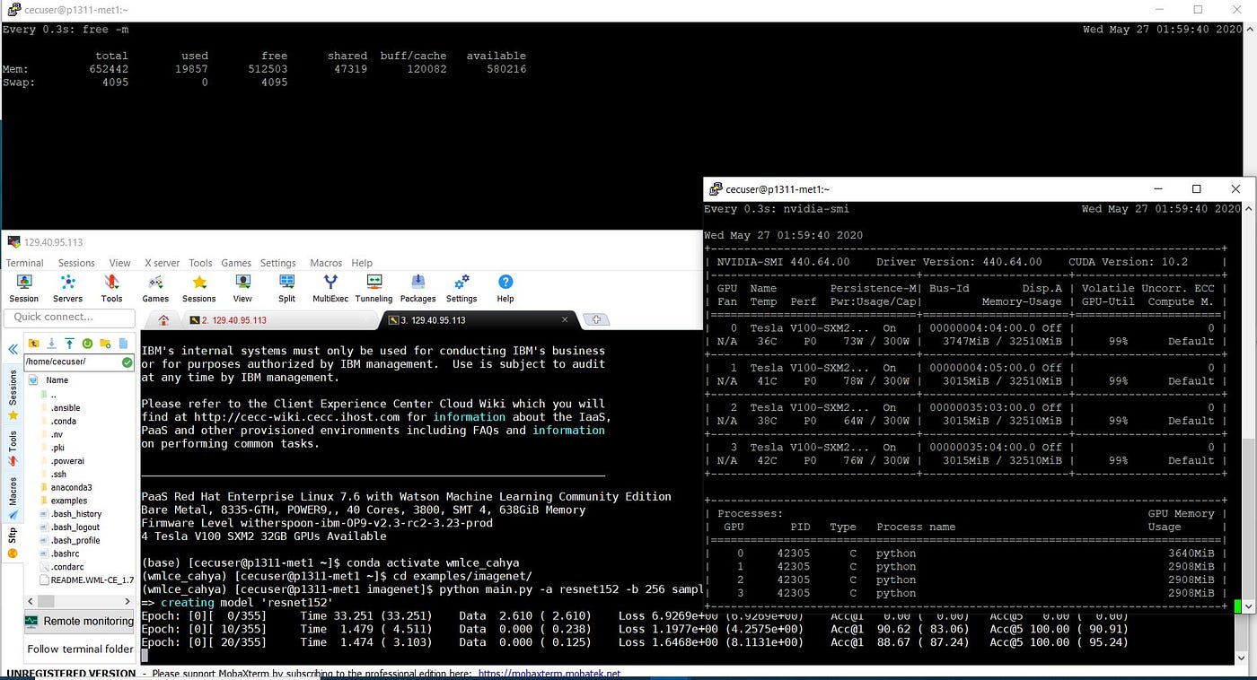 Illustration-18: The output of “nvidia-smi” and “free –m” while training, updated every 3 seconds.