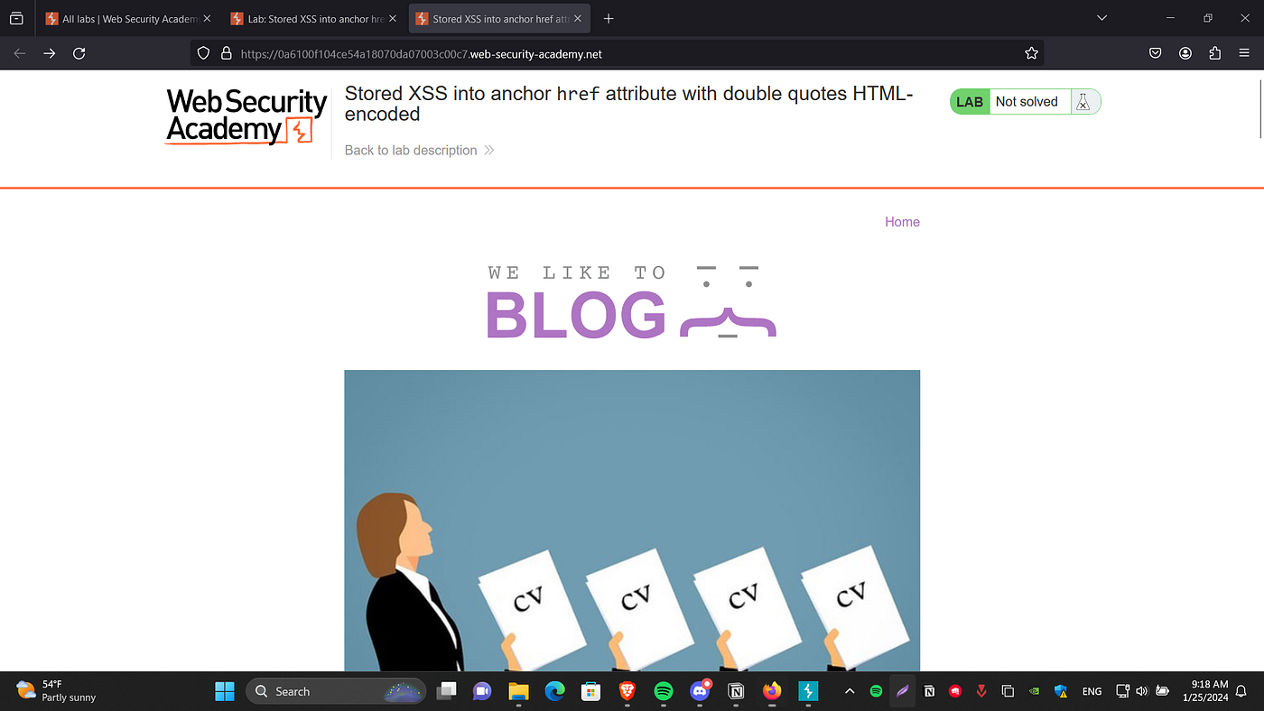 Lab: Stored XSS into anchor href attribute with double quotes HTML-encoded