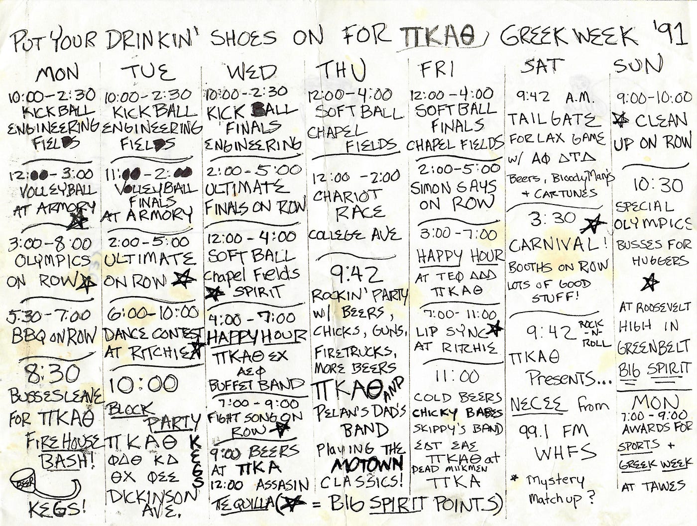 Pi Kappa Alpha Theta Greek Week Schedule 1991
