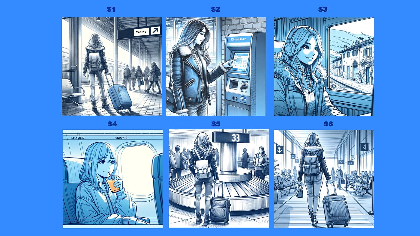 A storyboard that describes the passenger journey of a young female student travelling from a small university town in Italy first to Milan by train, and then to Copenhagen , Denmark, by airplane.