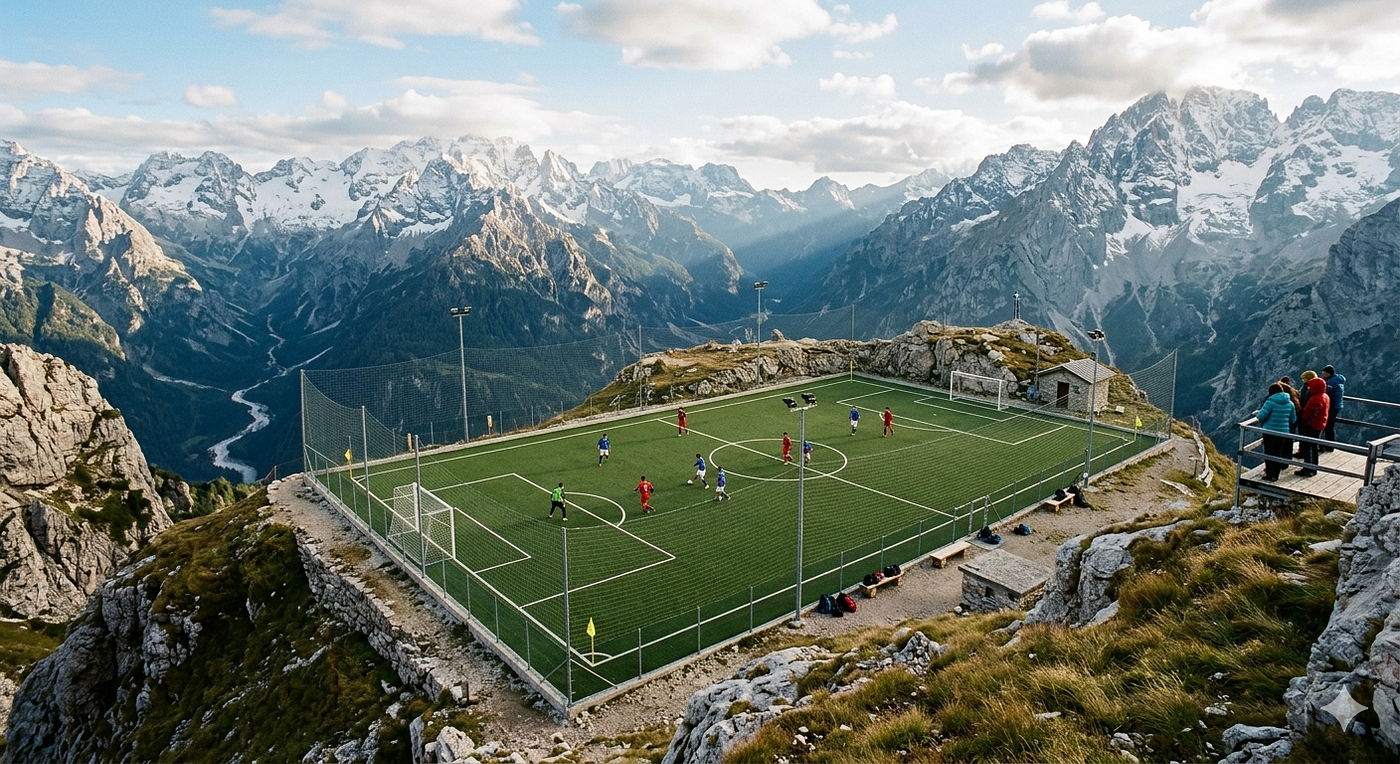 soccer field among the mountain peaks