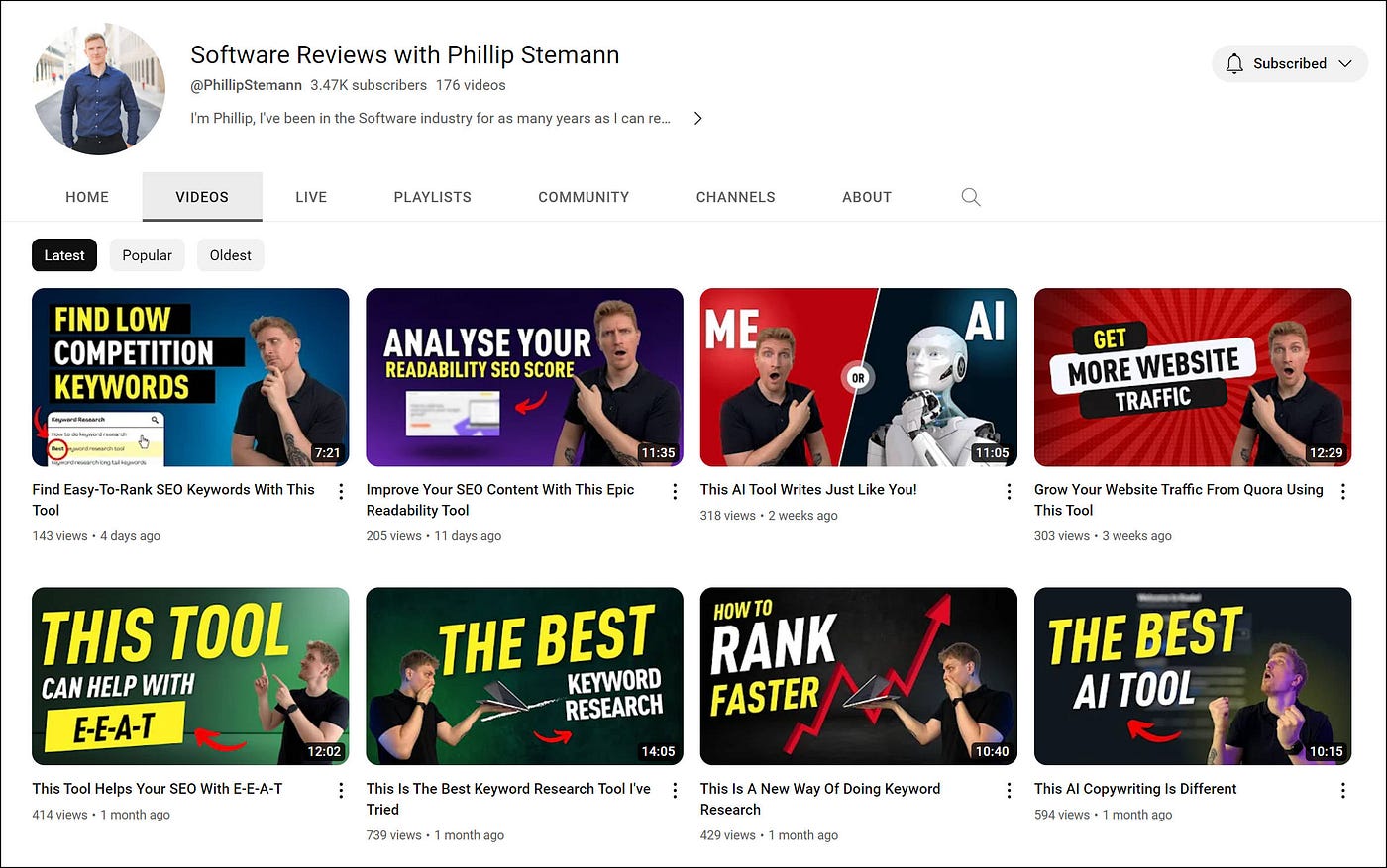 Screenshot of Software Reviews with Phillip Stemann’s YouTube videos page