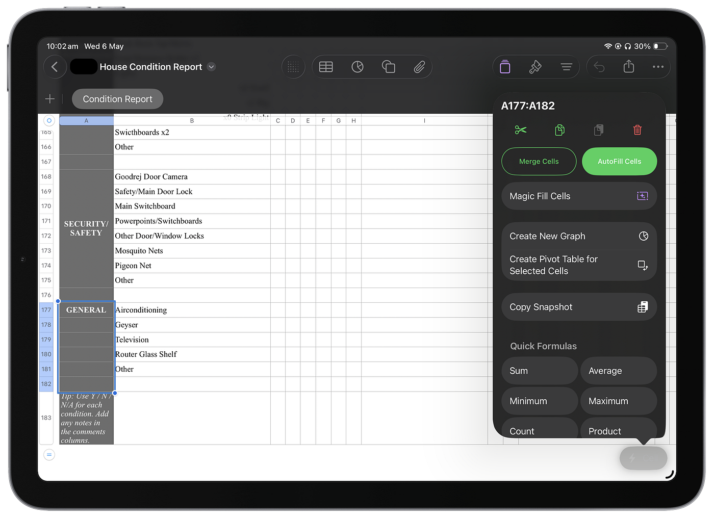 Source: Author | Creating a House Inventory using Numbers on iPad