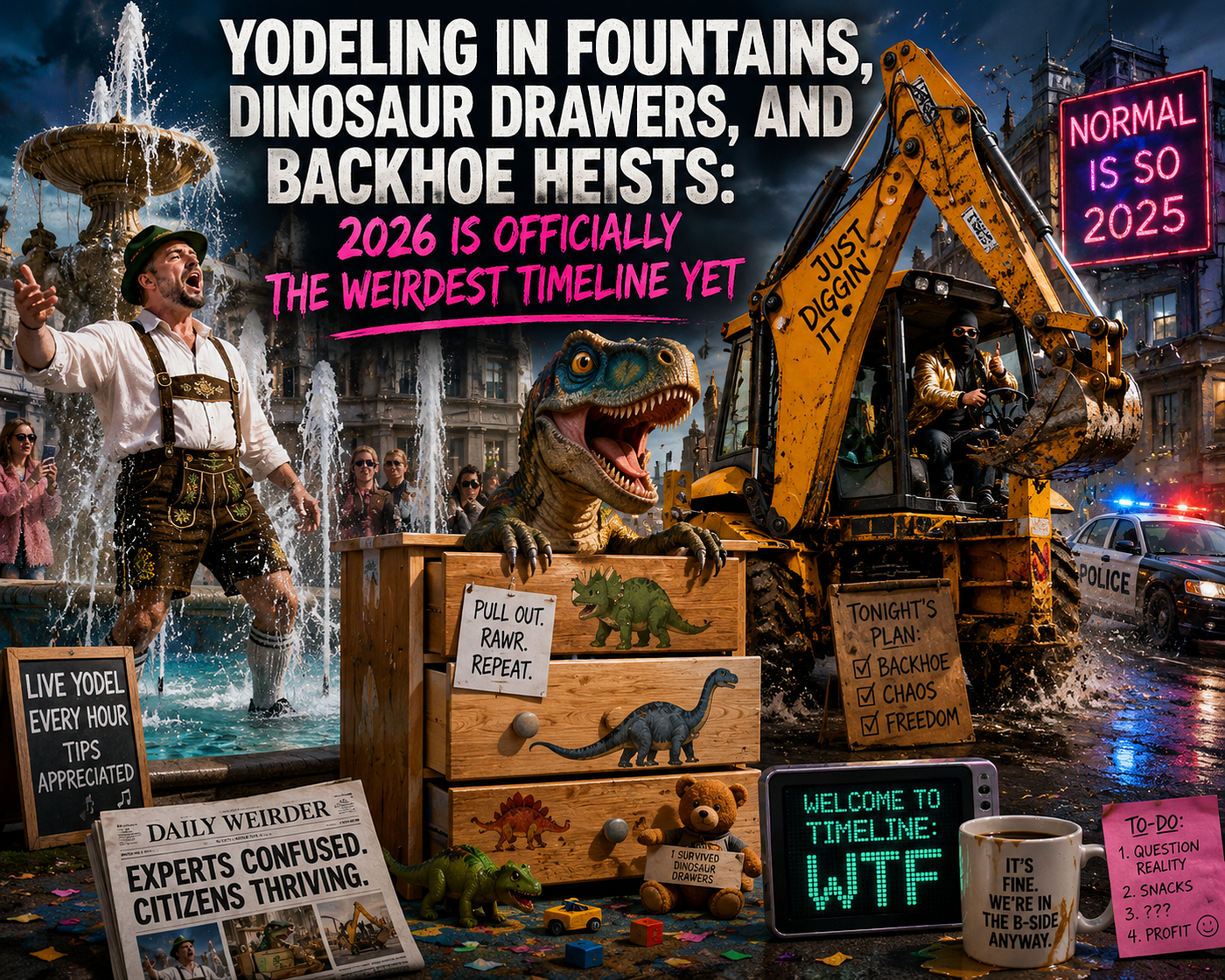 Yodeling in Fountains, Dinosaur Drawers, and Backhoe Heists: 2026 Is Officially the Weirdest…