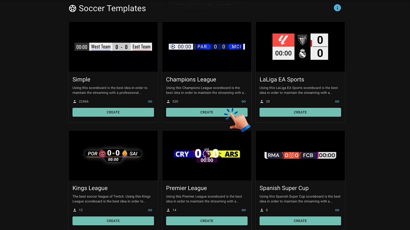 The different scoreboard templates that OverlayOn have on the webpage