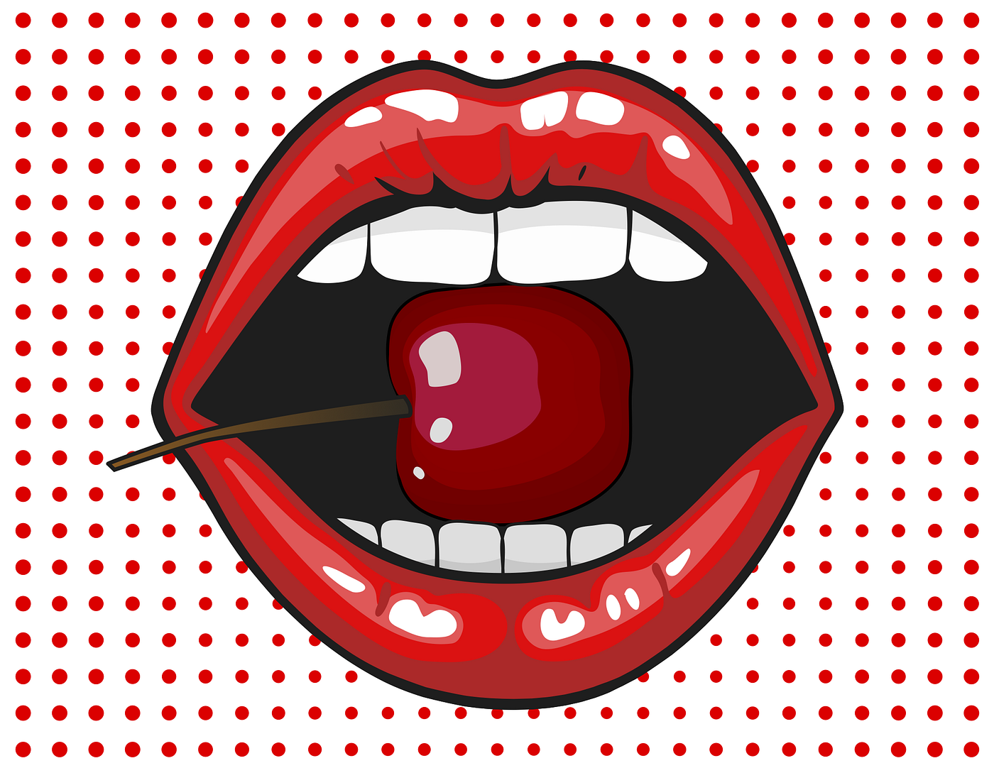 Illustration of a lipsticked mouth holding a cherry between its front teeth; the background is a grid of small red dots.