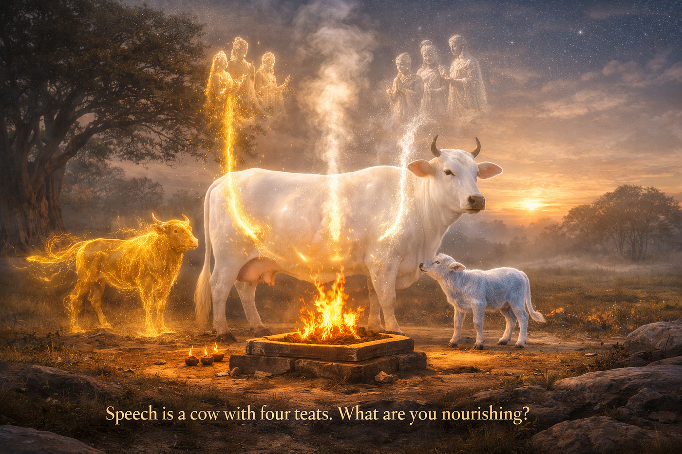 Brihadaranyaka Upanishad 5.8 — Meditate on speech (Vac) as the nourishing cow (dhenu). Her four teats feed gods (svaha, vashat), humans (hanta), and ancestors (svadha). Her bull is prana. Her calf is mind.