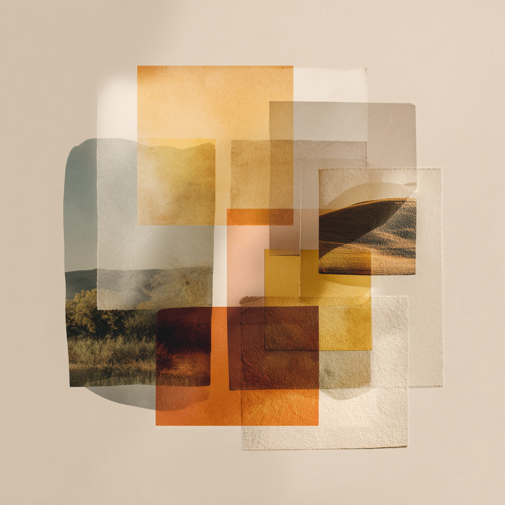 Abstract collage of overlapping textured paper squares and soft photographs in warm earthy tones of amber, ochre, and cream. Some layers show blurred natural landscapes, while others are solid washes of colour, creating a sense of depth, memory, and interconnected experiences