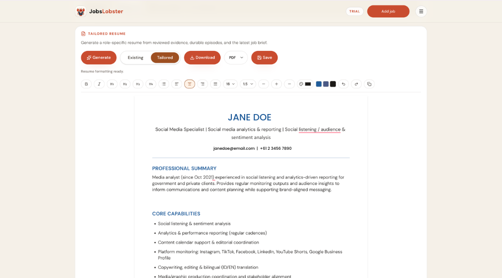 Sample: Tailored resume generator by JobsLobster