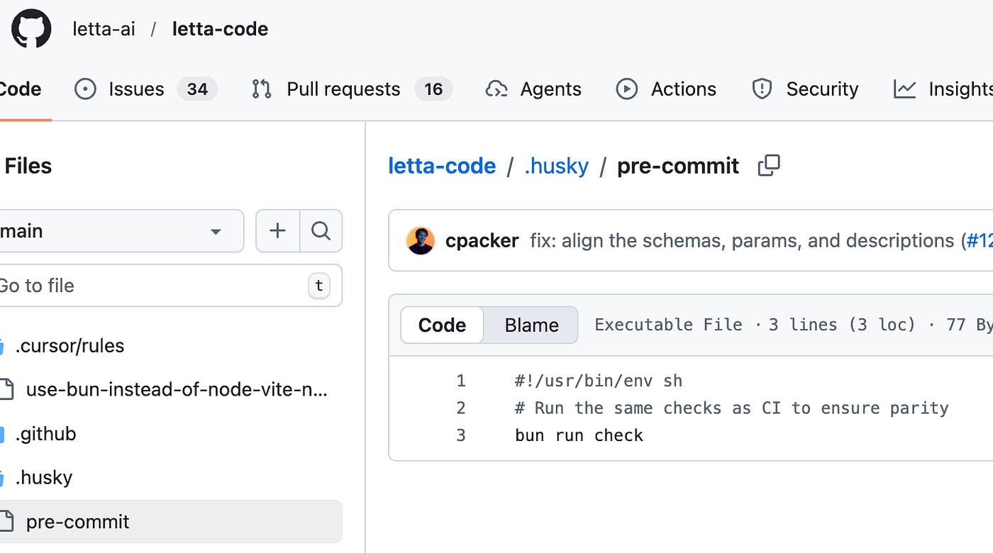 Husky configuration in Letta Code codebase.