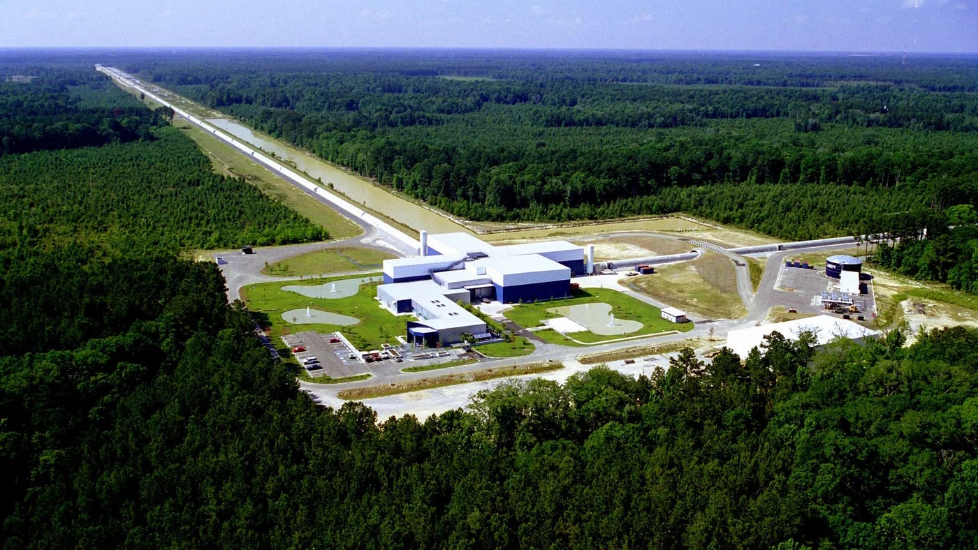 This aerial view shows the main science hub of the LIGO Livingston detector in Louisiana, with a view peering all the way down one of its 4 km long detector arms. Complemented by LIGO Hanford in eastern Washington, these two detectors not only brought us our first gravitational wave detection, but have netted more gravitational wave discoveries than all other efforts combined. Without investments in cutting edge facilities such as this, our ground-based astronomy efforts, from light to gravitational waves to particles like neutrinos, would still be in their infancy. (Credit: Caltech/MIT/LIGO Lab)