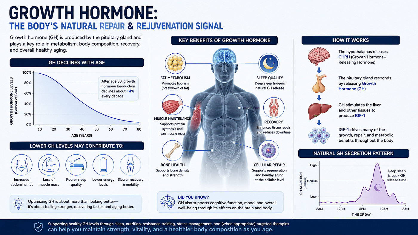 How growth hormone works and it’s benefits. Created with AI.