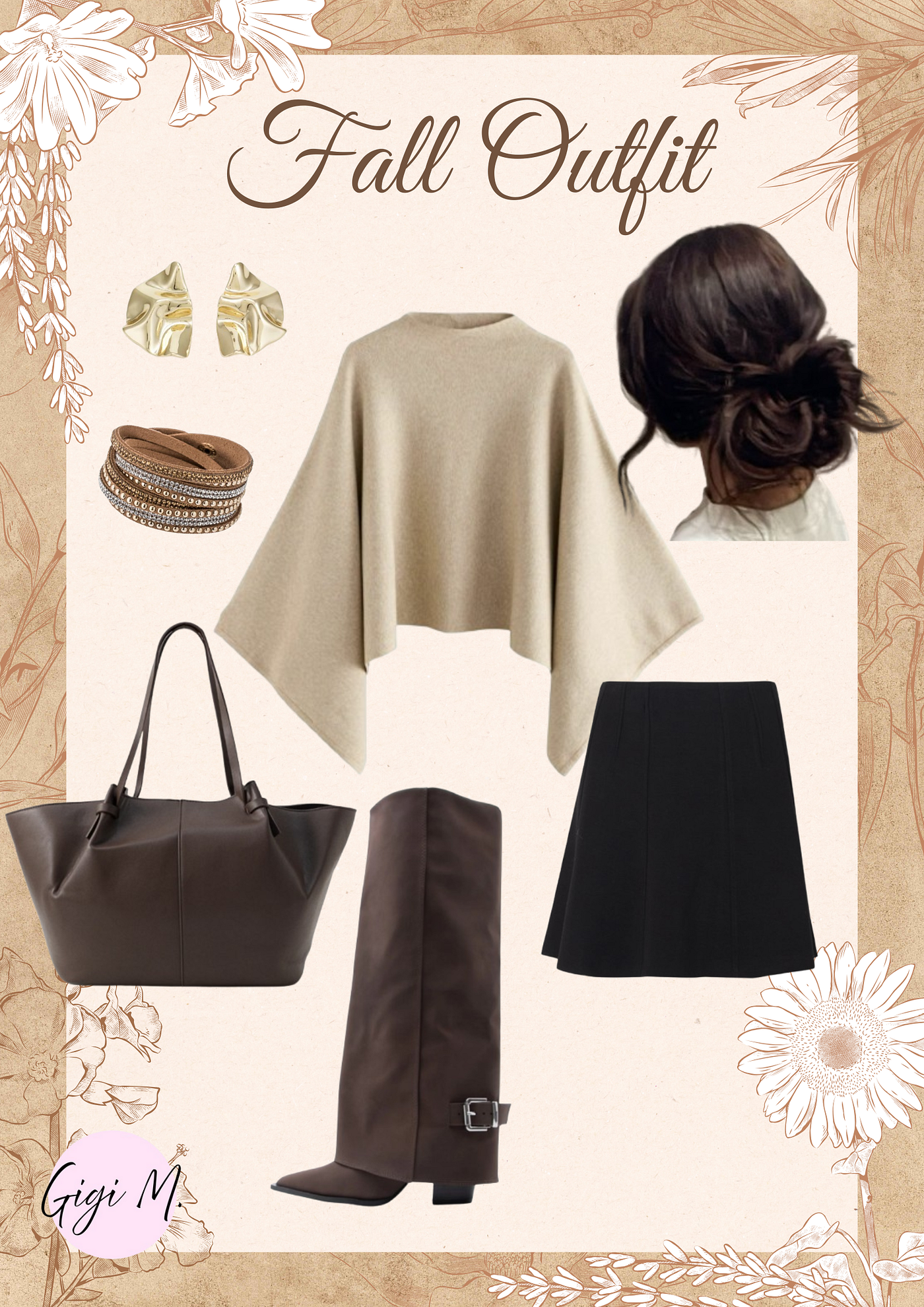 Fall Outfit Inspiration — Oatmeal Poncho, Black Skirt & Chocolate Brown Boots