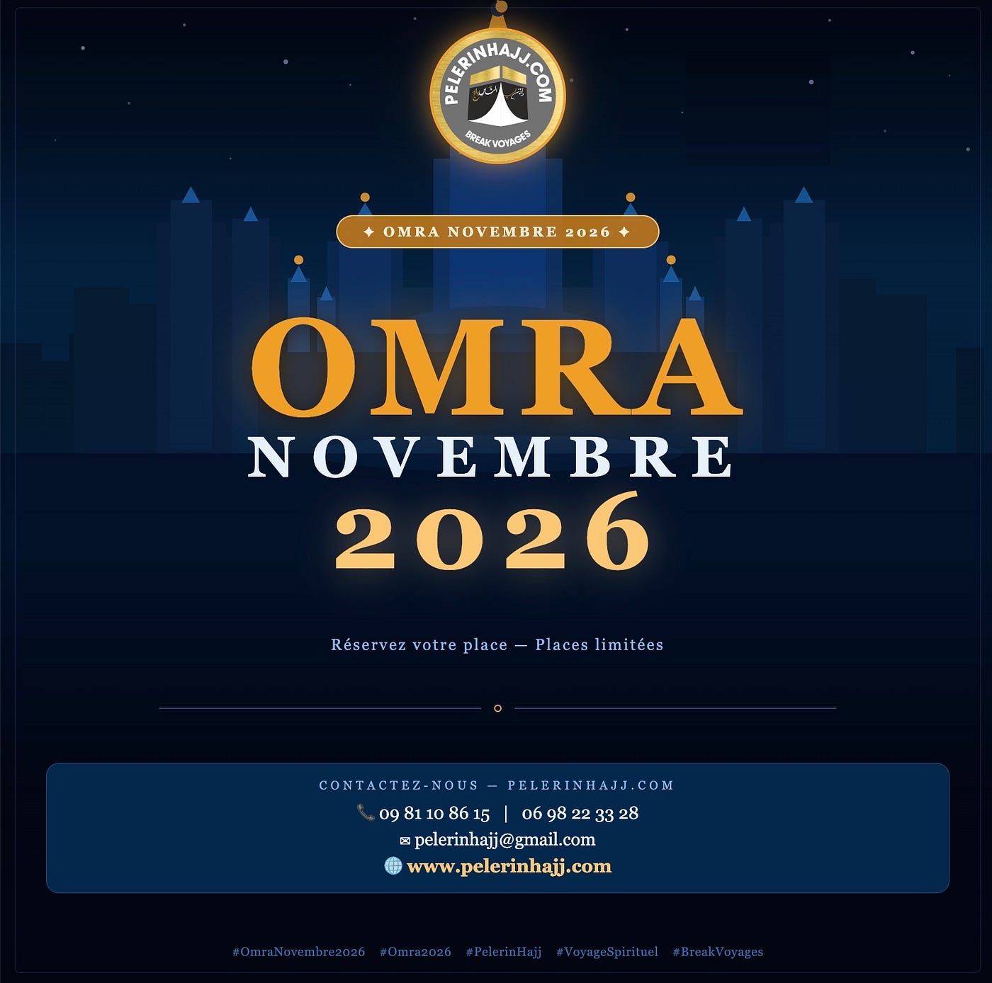 🕋 Omra Novembre 2026 — Réservez votre pèlerinage avec PelerinHajj