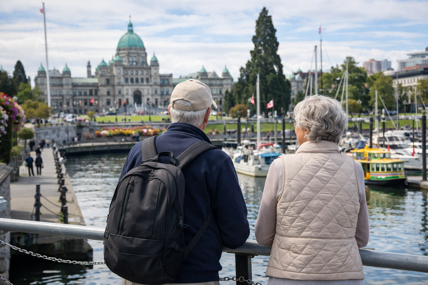 A peaceful stop at Victoria’s Inner Harbour, showing why well-planned senior bus tours from Edmonton are such a comfortable way to travel.